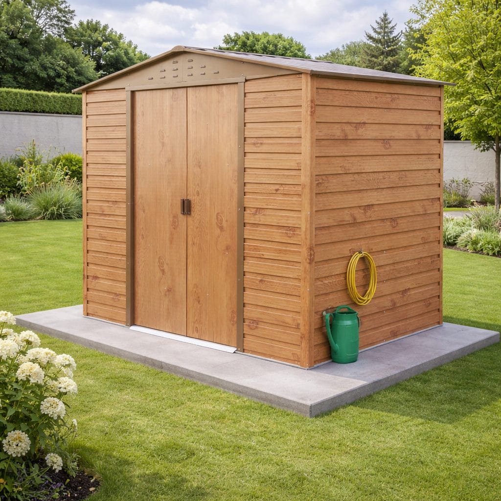 AAlpine 8x6 WoodGrain Brown Steel Shed - CoolaLiving.ie - %image_id%